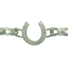 Load image into Gallery viewer, New 925 Silver &amp; Cubic Zirconia Set 6&quot; Horseshoe children&#39;s Belcher Bracelet with alternative engraved links. This bracelet has the weight 11.70 grams with the link width 6mm
