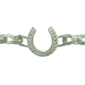 New 925 Silver & Cubic Zirconia Set 6" Horseshoe children's Belcher Bracelet with alternative engraved links. This bracelet has the weight 11.70 grams with the link width 6mm
