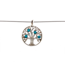 Load image into Gallery viewer, New 925 Silver &amp; Turquoise Coloured Stone Set Tree of Life Pendant on an 18&quot; curb chain with the weight 5.80 grams. There are four 4mm diameter turquoise stones set in the pendant and the pendant is 3.5cm long including the bail
