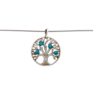New 925 Silver & Turquoise Coloured Stone Set Tree of Life Pendant on an 18" curb chain with the weight 5.80 grams. There are four 4mm diameter turquoise stones set in the pendant and the pendant is 3.5cm long including the bail