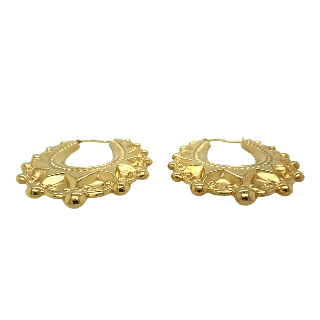 New 9ct Yellow Gold Large Fancy Creole Earrings with the weight 6.10 grams. Each earring is 4cm by 4.5cm
