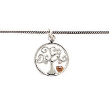 Load image into Gallery viewer, New 925 Silver Tree of Life Pendant with a little rose coloured heart on an 18&quot; curb chain with the weight 2.70 grams. The pendant is 2.2cm long including the bail
