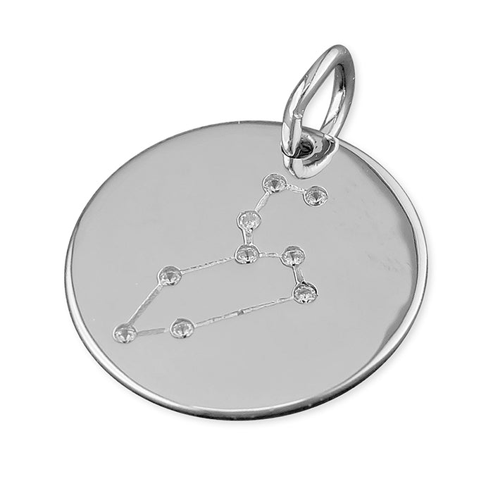 New 925 Silver & Cubic Zirconia Leo Constellation Pendant with the weight 3.20 grams and the diameter 19mm. The pendant has the constellation on one side and is plain on the other