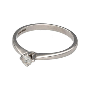 New 9ct White Gold & Diamond 15pt Set Solitaire Ring which is certified (number 1008). This ring is in size N with the weight 1.70 grams. The jewellery report includes that the Diamond is a 15pt round brilliant cut Diamond. The Diamond is also in colour D - E and clarity VS