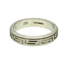 Load image into Gallery viewer, New 9ct White Gold 4mm Greek Key Patterned Band Ring in size N with the weight 3.60 grams. The greek key patterned band moves independently from the surrounding in a spinning movement 
