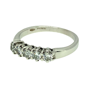 Preowned 18ct White Gold & Diamond Five Stone Ring in size J with the weight 2.60 grams. There is approximately 25pt of Diamonds in total so approximately each Diamond is 5pt. The Diamonds are approximately clarity Si2 and colour M - O