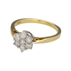Preowned 18ct Yellow Gold & Diamond Set Flower Ring in size N with the weight 3.40 grams. There is approximately 50pt set in the cluster and the Diamonds are approximately clarity I1 and colour M - N