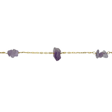 Load image into Gallery viewer, New 9ct Yellow Gold &amp; Amethyst 16&quot; Necklace on an anchor chain with the weight 5.60 grams. There are six tumbled stone chips and one raw stone in the center. The center stone is approximately 15mm by 8mm. Amethyst stones relieve stress, provides balance and soothes anxiety and fatigue 

