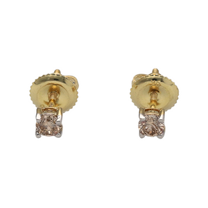 New 9ct Gold & Diamond Single Stone 30pt Stud Earrings made up of yellow Gold with white Gold claws. Each earring contains a 15pt Diamond making the earrings have a total of 30pt. The earrings have a screwback for maximum safety. The earrings are the weight 0.60 grams and the backs are 10mm long