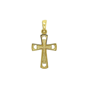 New 9ct Yellow and White Gold Small Two Colour Patterned Cross Pendant with the weight 0.50 grams. The pendant is 2.2cm long including the bail by 1.2cm