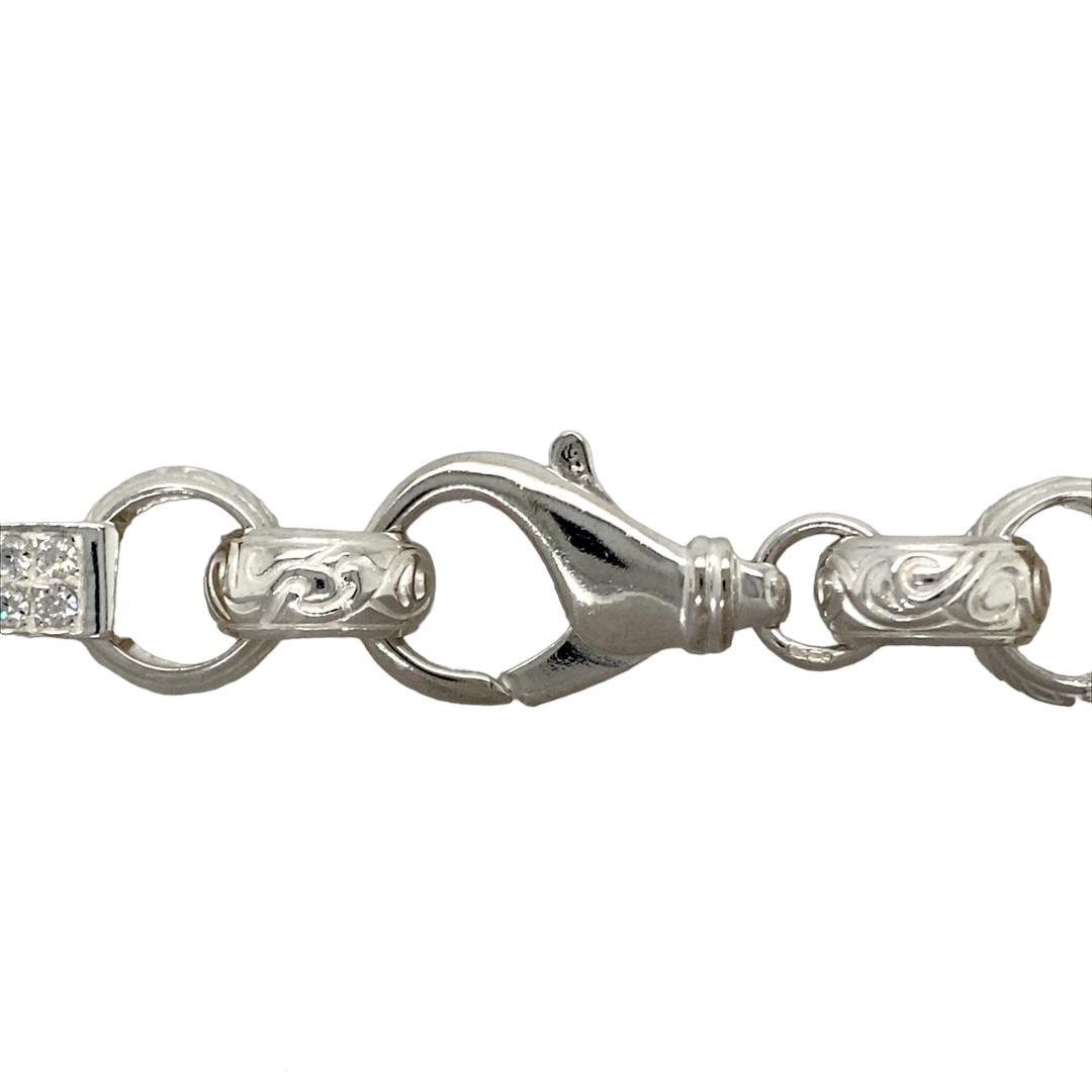 New 925 Silver & Cubic Zirconia set 26" Gypsy Link Chain with the weight 198 grams and link width 15mm. The belcher links engraved with a Celtic style pattern and the bar links are set with sixteen cubic zirconia stones each