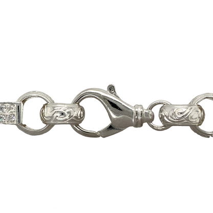 New 925 Silver & Cubic Zirconia set 26" Gypsy Link Chain with the weight 198 grams and link width 15mm. The belcher links engraved with a Celtic style pattern and the bar links are set with sixteen cubic zirconia stones each
