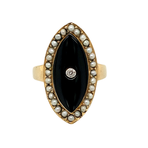 9ct Gold Diamond Onyx & Pearl Set Dress Ring