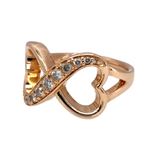 Load image into Gallery viewer, Preowned 14ct Rose Gold &amp; Diamond Set Double Heart Ring in size K with the weight 6.10 grams. The front of the ring is 12mm at the highest 
