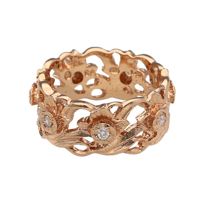 14ct Gold & Diamond Set Open Flower Band Ring