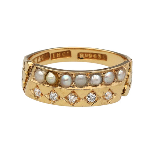 18ct Gold Diamond & Seed Pearl Set Band Ring