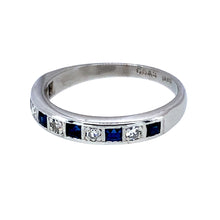 Load image into Gallery viewer, Preowned 18ct White Gold Diamond &amp; Sapphire Set Eternity Style Ring in size M with the weight 3.20 grams. The band is 3mm wide at the front and the sapphire stones are each approximately 1.5mm by 2mm
