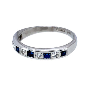 Preowned 18ct White Gold Diamond & Sapphire Set Eternity Style Ring in size M with the weight 3.20 grams. The band is 3mm wide at the front and the sapphire stones are each approximately 1.5mm by 2mm