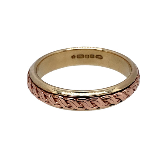 Preowned 9ct Yellow and Rose Gold Clogau Inlaid Twist Band Ring in size N with the weight 3.70 grams. The band is 4mm wide