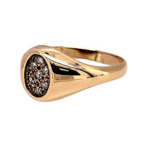 Preowned 9ct Yellow Gold & Diamond Set Oval Signet Ring in size N with the weight 3.20 grams. The front of the ring is 10mm high