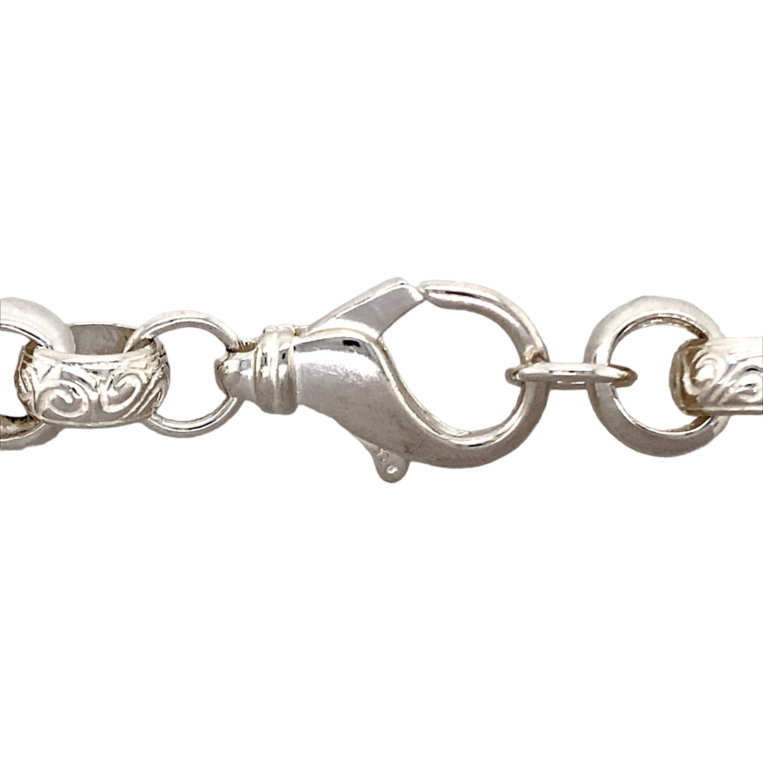 New 925 Silver 29" Patterned Belcher Chain with the weight 166.20 grams and link width 13mm. The links are alternating between plain and a Celtic style pattern 