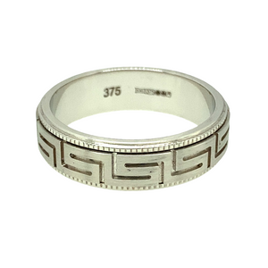 New 9ct White Gold 6mm Greek Key Patterned Band Ring in size T with the weight 6.10 grams. The greek key patterned band moves independently from the surrounding in a spinning movement 