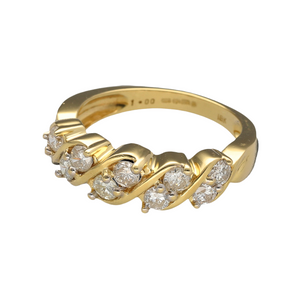 Preowned 18ct Yellow Gold & Diamond Set Band Twist Ring in size O with the weight 5.50 grams. There is approximately 1ct of Diamonds set in the ring with a total of ten brilliant cut Diamonds. The Diamond are approximately clarity Si2 - i1 and colour J - M