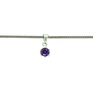 New 925 Silver February Birthstone Pendant on either an 18" or 20" curb chain. The pendant is set with a synthetic amethyst stone which is 5mm diameter. The pendant is 14mm long including the bail