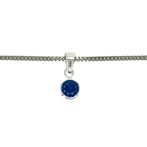 New 925 Silver September Birthstone Pendant on either an 18" or 20" curb chain. The pendant is set with a synthetic sapphire stone which is 5mm diameter. The pendant is 14mm long including the bail