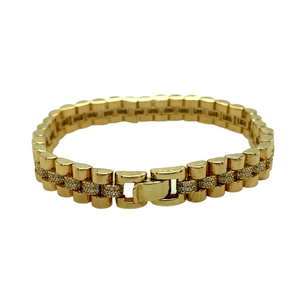 New 9ct Yellow Gold & Cubic Zirconia Set 7.5" Watch Style Bracelet with the weight 25.80 grams and width 9mm