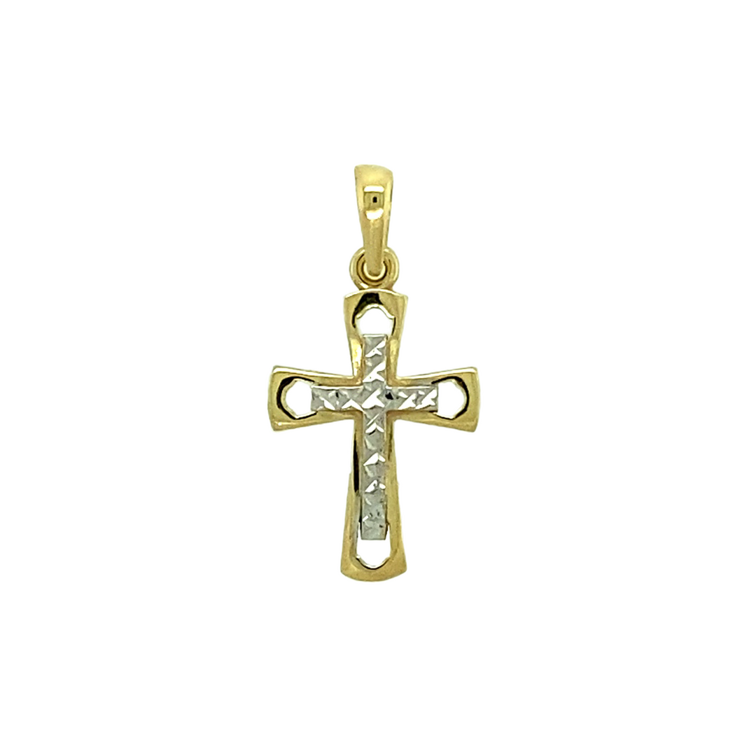 New 9ct Gold Small Two Colour Patterned Cross Pendant