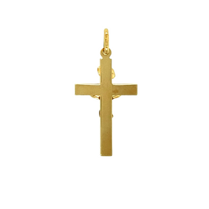 New 9ct Yellow Gold Crucifix Pendant with the weight 1 gram. The pendant is 3.2cm long including the bail by 1.6cm