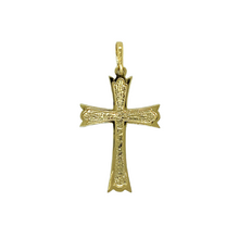 Load image into Gallery viewer, New 9ct Yellow Gold Patterned Cross Pendant with the weight 2 grams. The pendant is 3.7cm long including the bail by 2cm
