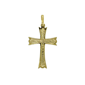 New 9ct Yellow Gold Patterned Cross Pendant with the weight 2 grams. The pendant is 3.7cm long including the bail by 2cm