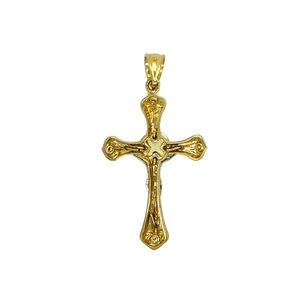 New 9ct Yellow and White Gold & Cubic Zirconia Set Fancy Crucifix Pendant with the weight 4.70 grams. The pendant is 4.8cm long including the bail by 2.7cm
