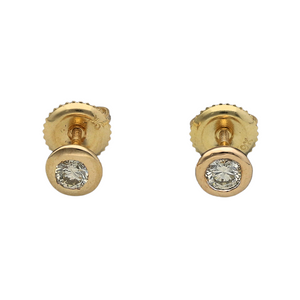 New 9ct Yellow Gold & Rubover Set Diamond 30pt Stud Earrings. Each earring contains a 15pt Diamond making the earrings have a total of 30pt. The earrings have a screwback for maximum safety. The earrings are the weight 0.70 grams and the backs are 10mm long