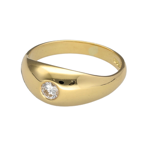 Preowned 18ct Yellow Gold & Diamond Set Signet Ring in size N with the weight 5.30 grams. The Diamond is approximately 20pt and approximate clarity VS2 and colour F - G. The front of the ring is 8mm high