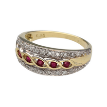 Load image into Gallery viewer, Preowned 9ct Yellow and White Gold Diamond &amp; Ruby Set Band Ring in size R with the weight 4.40 grams. There is approximately 10pt of Diamond content set in the ring. The band is 9mm wide at the front and tapers down to 2mm at the back. The ruby stones are each 2mm diameter and round cut
