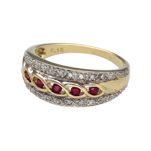 Preowned 9ct Yellow and White Gold Diamond & Ruby Set Band Ring in size R with the weight 4.40 grams. There is approximately 10pt of Diamond content set in the ring. The band is 9mm wide at the front and tapers down to 2mm at the back. The ruby stones are each 2mm diameter and round cut