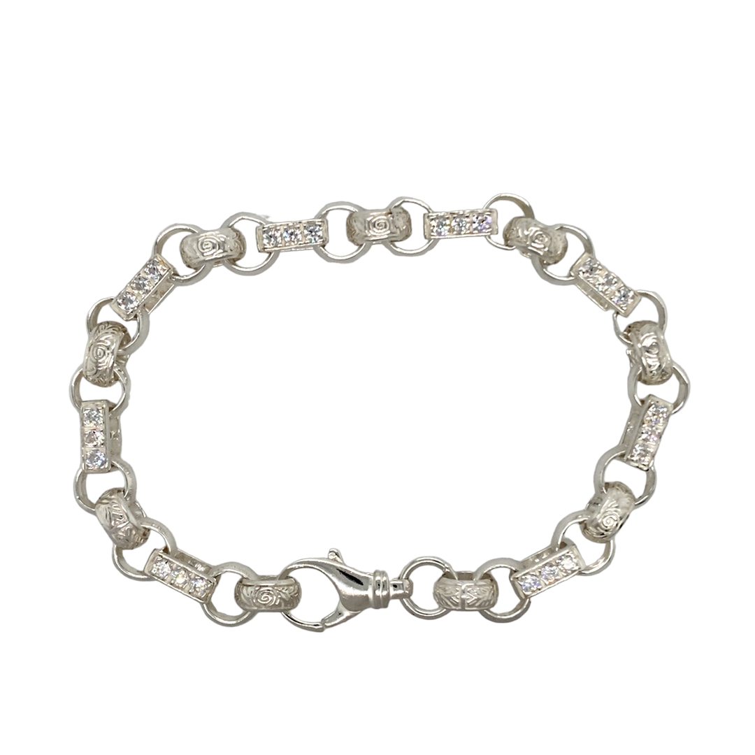 New 925 Silver & Cubic Zirconia 9" Gypsy Link Bracelet 26 grams