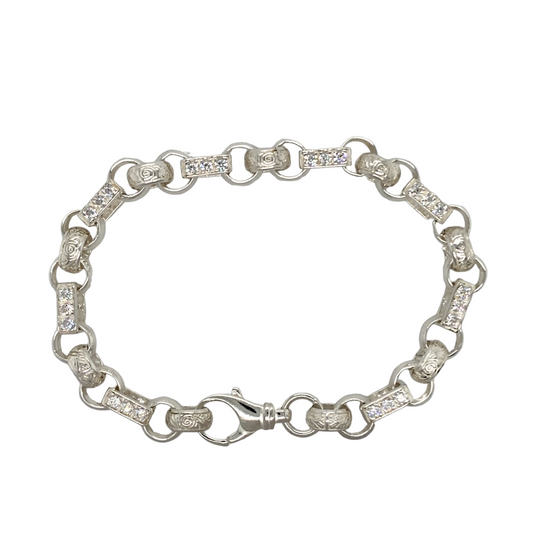 New 925 Silver & Cubic Zirconia 9" Gypsy Link Bracelet 26 grams