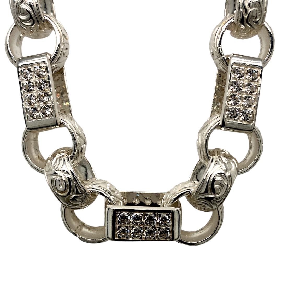 New 925 Silver & Cubic Zirconia 26" Gypsy Link Chain 198 grams