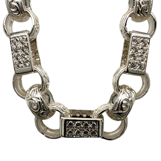 New 925 Silver & Cubic Zirconia 26" Gypsy Link Chain 198 grams