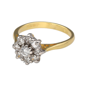 Preowned 18ct Yellow and White Gold & Diamond Flower Cluster Ring in size K with the weight 3.60 grams. The date mark on the ring is 1959