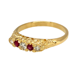 Preowned 18ct Yellow Gold Diamond & Ruby Set Ring in size O with the weight 3.50 grams. The ruby stones are each 2mm diameter