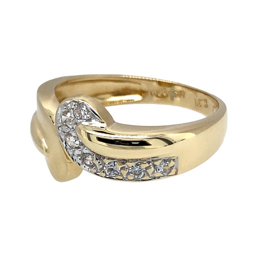 Preowned 14ct Yellow and White Gold & Cubic Zirconia Swirl Dress Ring in size N with the weight 3.20 grams. The front of the ring is approximately 11mm high