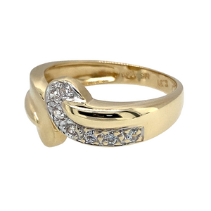 Preowned 14ct Yellow and White Gold & Cubic Zirconia Swirl Dress Ring in size N with the weight 3.20 grams. The front of the ring is approximately 11mm high