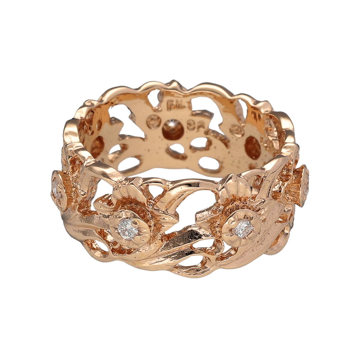 Preowned 14ct Rose Gold & Diamond Set Open Flower Band Ring in size M with the weight 6.40 grams. The band is between 9mm and 10mm and contains seven Diamonds