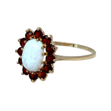 Load image into Gallery viewer, New 9ct Yellow Gold &amp; Created Opal &amp; Red Stone Flower Cluster Ring in size N to O with the weight 1.50 grams. The center stone is 8mm by 6mm
