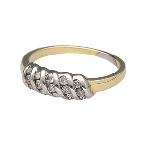 Preowned 9ct Yellow and White Gold & Diamond Set Twist Band Ring in size L with the weight 2 grams. The front of the band is approximately 6mm wide
